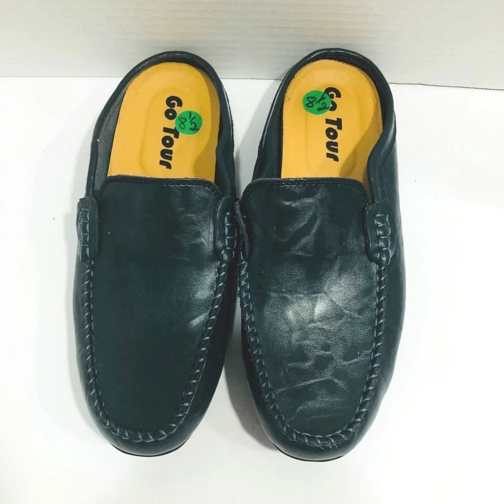 Go Tour Navy Leather Shoes Mule Loafer Backless Slip‎ On Driving Preppy Mens 6.5
